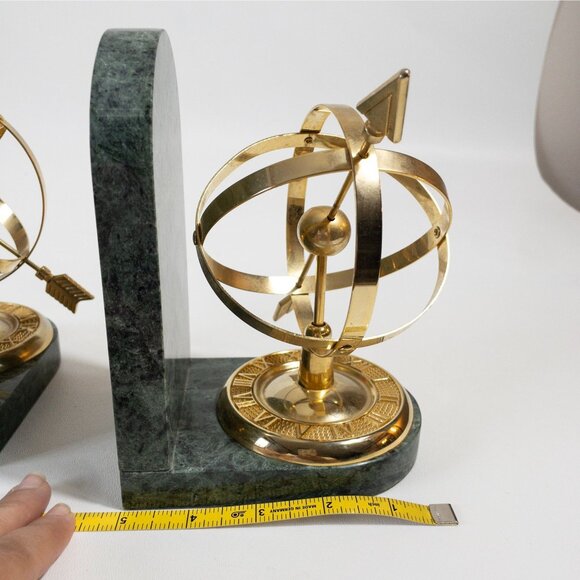 Green Marble Armillary Sphere Bookends With Brass Accents - Picture 11 of 11